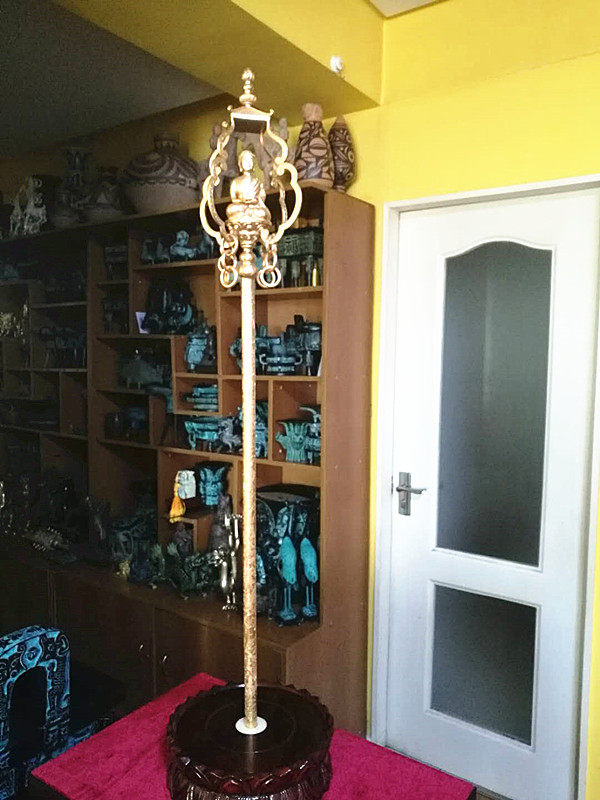 供奉 寺庙法器 观音菩萨 戒杖 錾刻镀金 锡杖 禅杖摆件