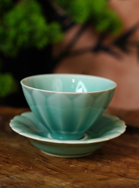 慧仙青瓷莲瓣斗笠杯 莲瓣杯垫套装一杯一垫粉青龙泉青瓷套装