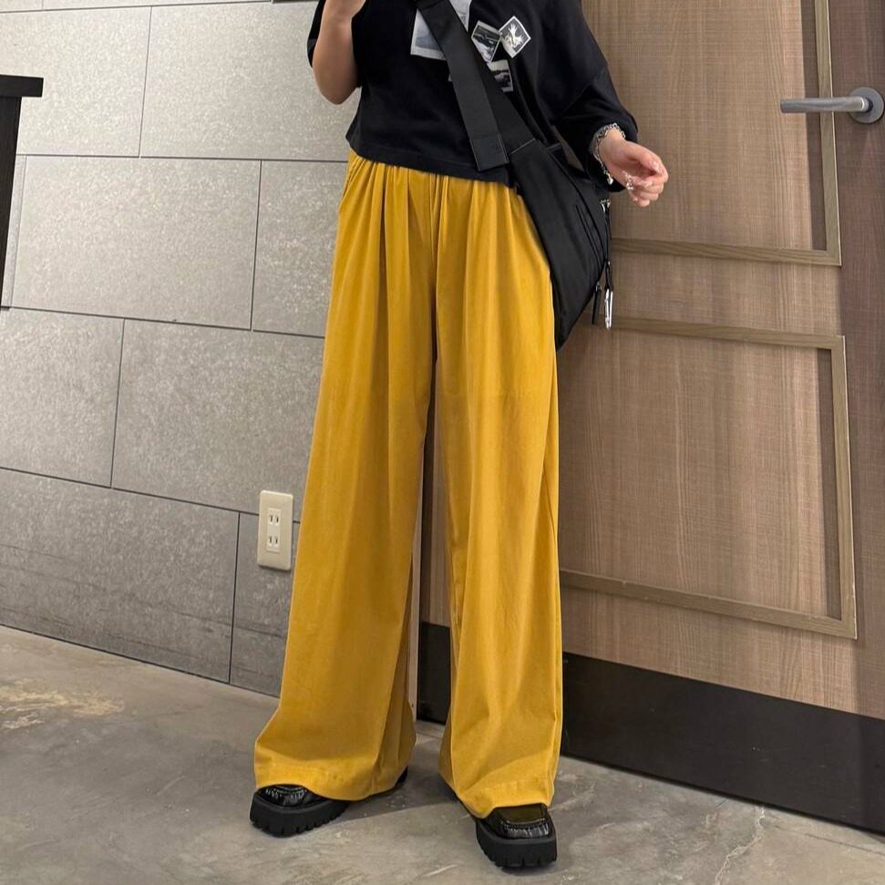 早秋日系JS松紧高腰复古光泽感垂坠植绒网纱丝绒直筒阔腿休闲长裤