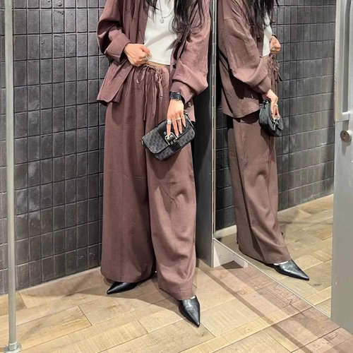 清 日系JS松紧高腰天丝亚麻松弛慵懒通勤简约直筒阔腿西装长裤