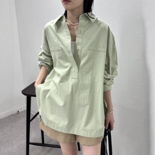 清 日系MY翻领纯棉半开襟宽松中长款OVERSIZE休闲清新长袖衬衫