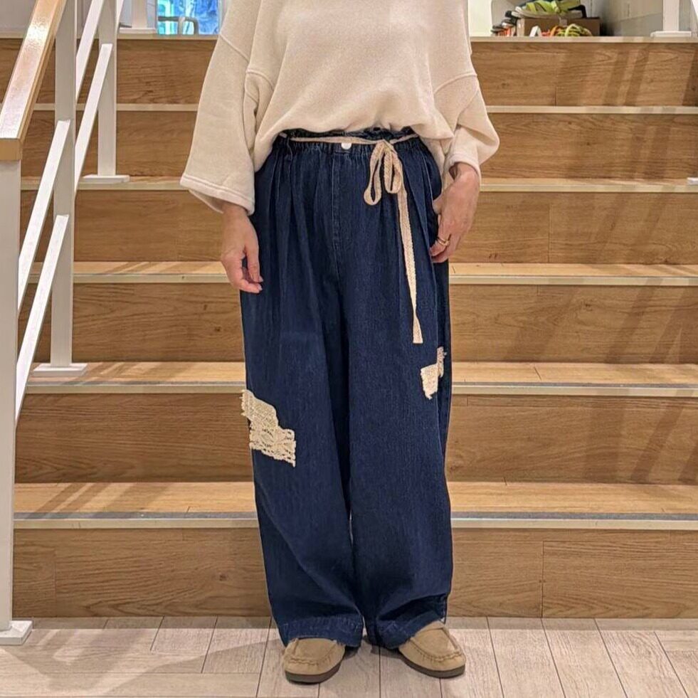 秋冬日系SC松紧腰拼接蕾丝花边甜美森系宽松休闲哈伦牛仔长裤