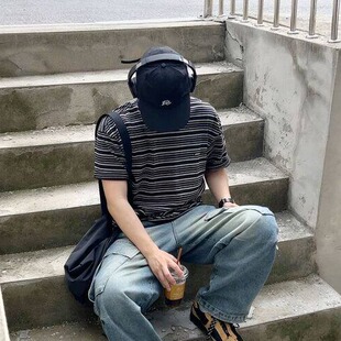 夏季韩单潮牌人气复古美式配色条纹运动风休闲宽松UNISEX纯棉T恤