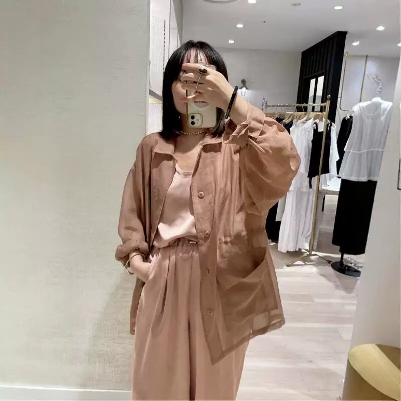清 早秋日系OMS翻领透视宽松中长款抽绳收腰工装休闲仿麻衬衫外套
