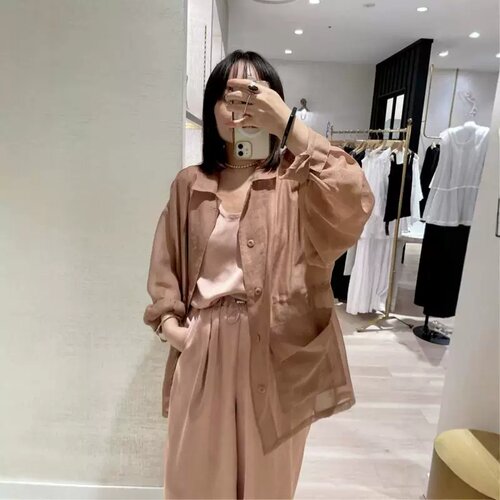 清 早秋日系OMS翻领透视宽松中长款抽绳收腰工装休闲仿麻衬衫外套