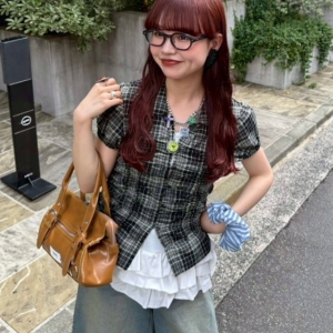 夏季日系CP立体剪裁褶边复古甜美小泡泡袖棉质叠穿格纹衬衫