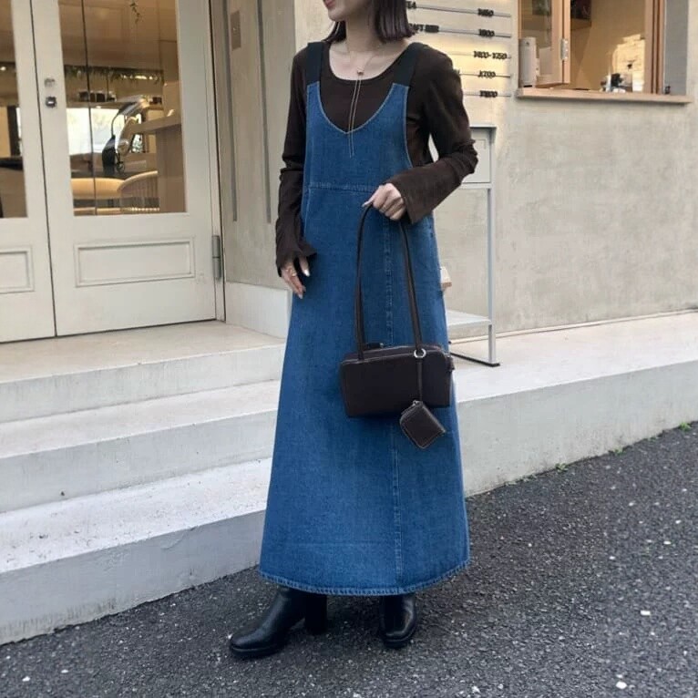 清  日系FR鸡心领显瘦复古休闲棉质叠穿喇叭水洗牛仔背带连衣裙子