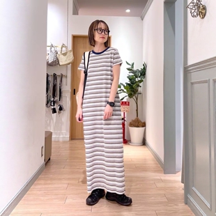 夏季日系LF彩色条纹罗纹高弹力正肩袖显瘦休闲复古T恤连衣裙子