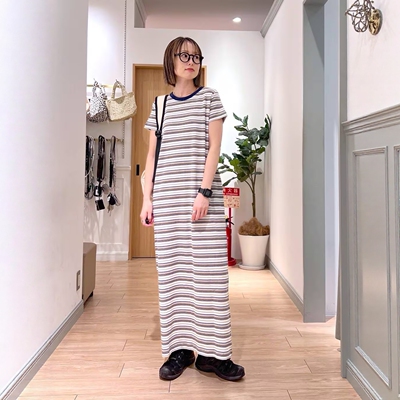 夏季日系LF彩色条纹罗纹高弹力正肩袖显瘦休闲复古T恤连衣裙子