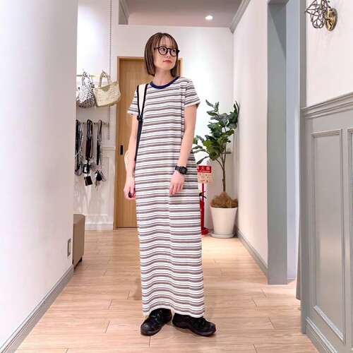 夏季日系LF彩色条纹罗纹高弹力正肩袖显瘦休闲复古T恤连衣裙子