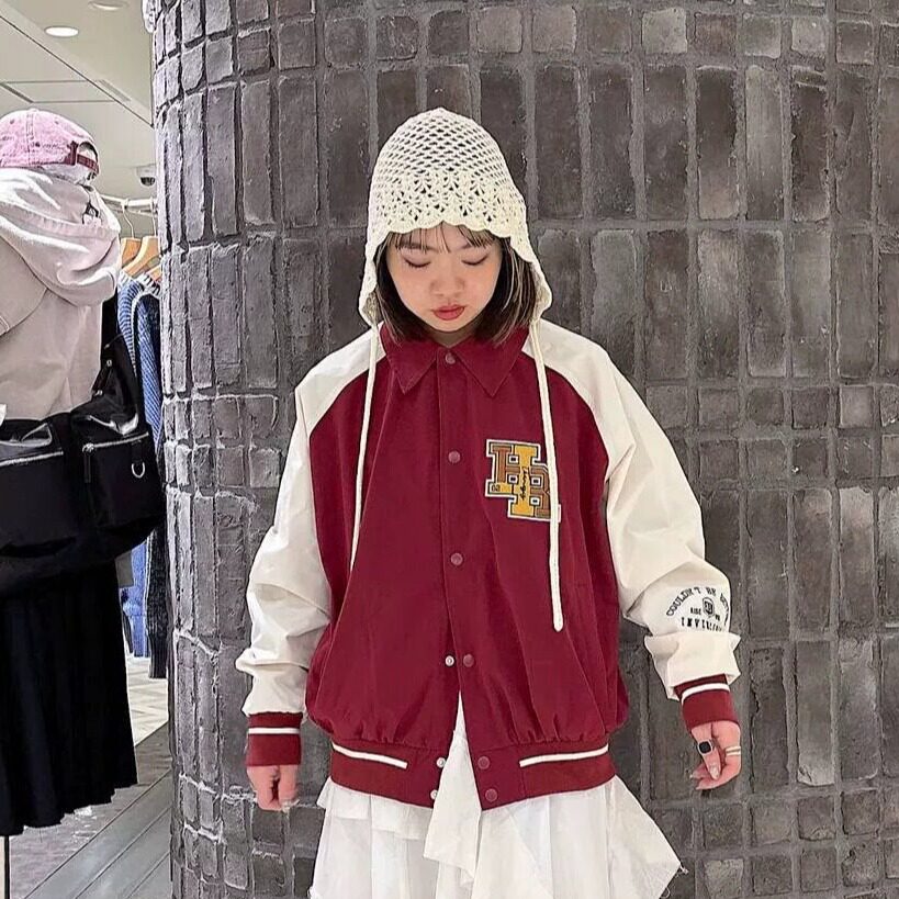 清 日系JS插肩袖拼色不同配色字母刺绣美式复古棒球服夹克外套