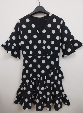 Cloris Maat C&M 波点修身显瘦气质荷叶边法式淑女A字连衣裙 S码