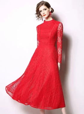 AIKE爱客 红色高级感重工蕾丝镂空收腰显瘦长款大摆连衣裙 M码