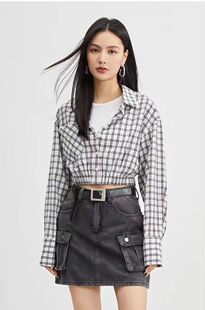 AIKE爱客 时尚百搭设计感复古休闲格纹假两件短款长袖套头衬衫S码