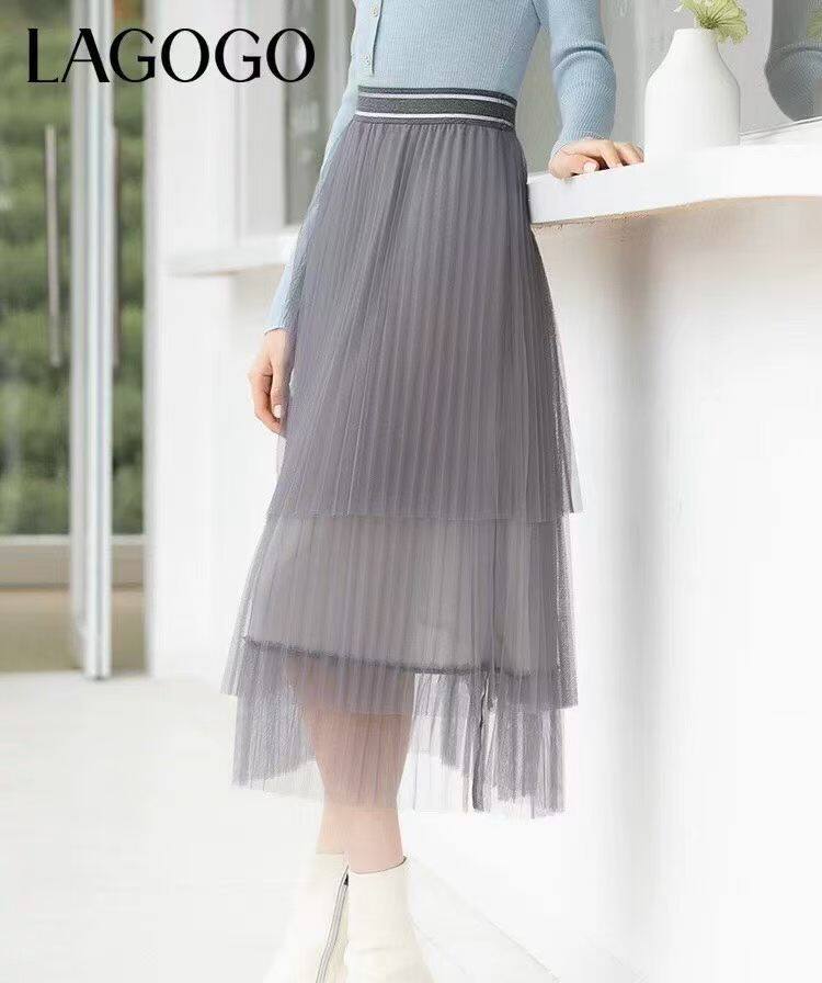 微剪标 Lagogo拉谷谷 高级烟灰色甜美百褶仙女网纱半身裙 S/M/L码