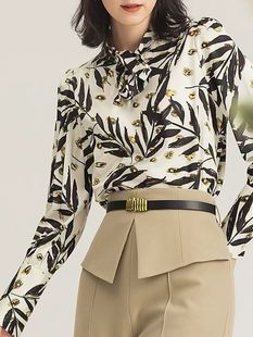 雪纺上衣 VELWIN蔚雯 XL码 高级感缎面洋气减龄飘带印花长袖