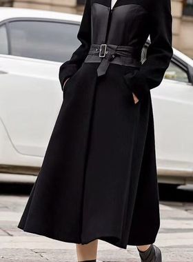 IDOLE奕多含绵羊毛 时尚气质拼接PU皮收腰显瘦羊毛呢大衣 S/M/L码