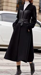 IDOLE奕多含绵羊毛 时尚气质拼接PU皮收腰显瘦羊毛呢大衣 S/M/L码