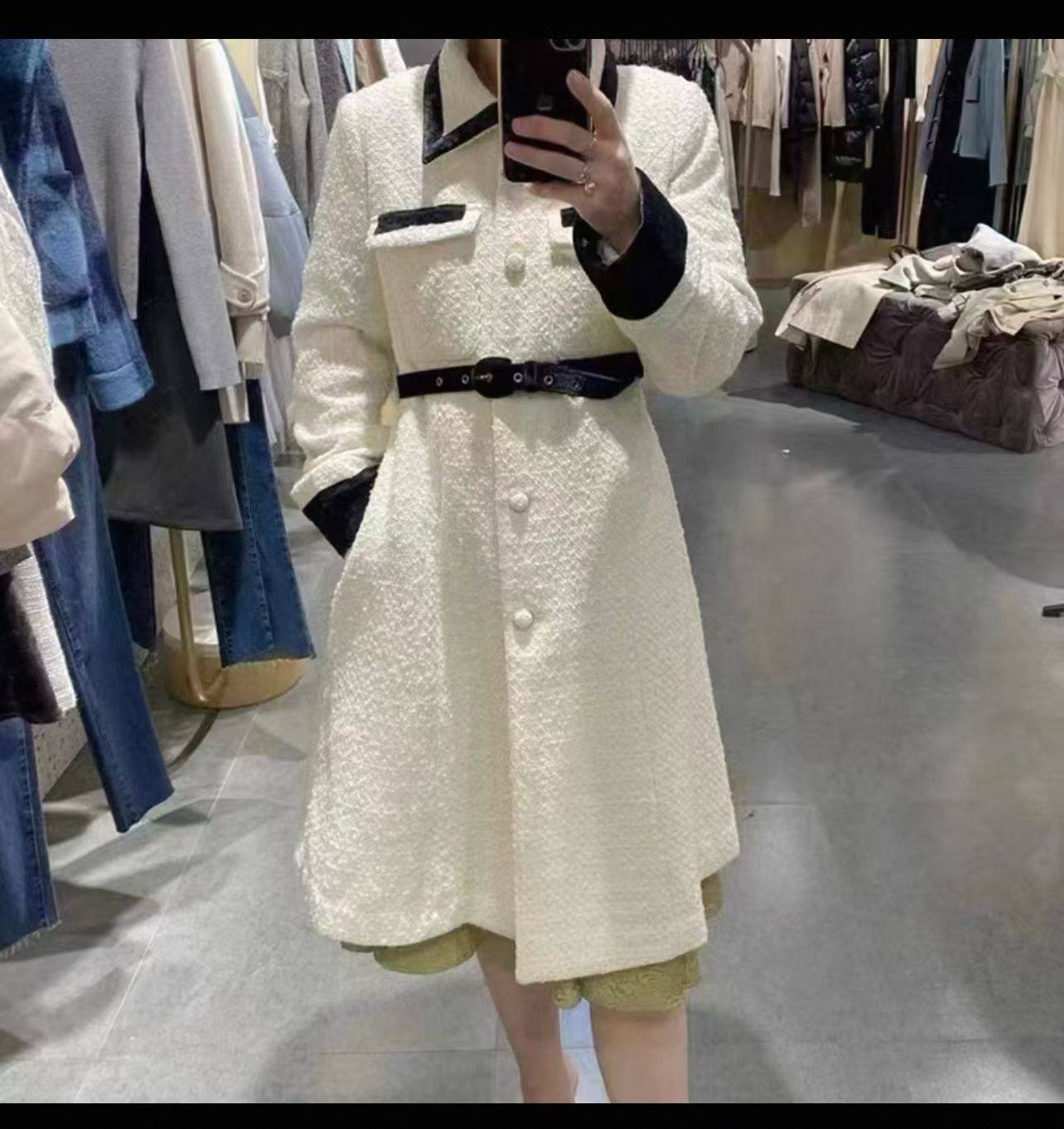 VELWIN蔚雯 含绵羊毛 高级感小香风拼接收腰显瘦厚毛呢外套 M/L码