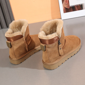 皮毛一体短筒侧拉链加绒防滑牛皮羊毛棉鞋 雪地靴女冬季 2024年新款
