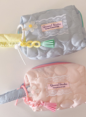 QueenJ Studio花朵化妆包纯色ins少女心粉色收纳包旅行手提洗漱包