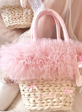 QueenJ Studio原创自制草编包芭蕾舞风少女心蓬蓬花边手工沙滩包