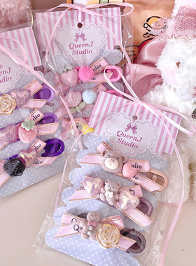 QueenJ Studio自制可爱手作发夹植绒小熊少女心发饰蝴蝶结边夹