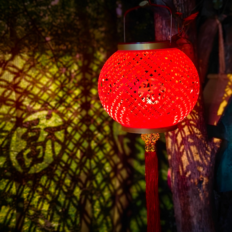 别墅入户门福字太阳能仿竹编大红灯笼喜庆户外庭院防水吊灯