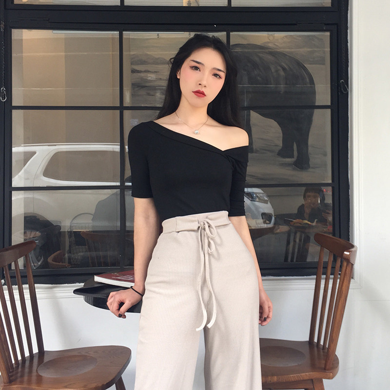 2018夏季新款韩版女装学生一字领斜肩纯棉修身V领纯棉中袖T恤上衣|ruв категории Женская одежда, футболка - от Buy2taobao.com для оказания профессиональной услуги покупки агента Taobao