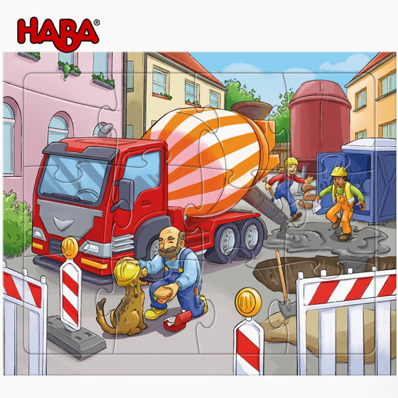 原装进口HABA 3幅工程施工车辆拼图45片二指捏训练儿童益智玩具3+