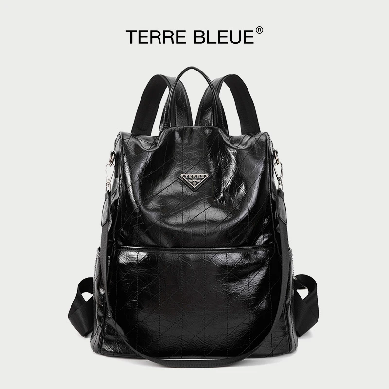 TERREBLEUE轻奢菱格纹双肩包女黑色百搭通勤背包
