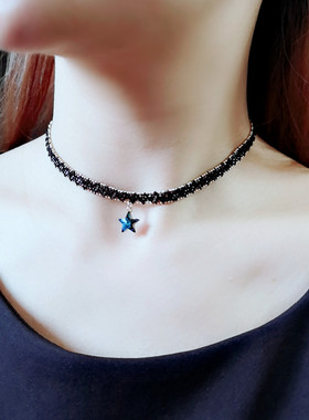 气质百搭蓝色五角星蕾丝短项链