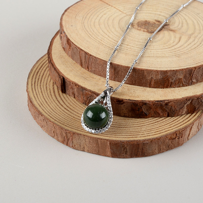 碧玉圆珠和田玉吊坠S925银镶嵌圆满玉坠项链含链生日礼物