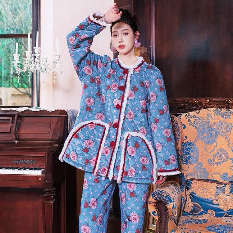 新款复古印花流苏撞色三层夹棉加厚加绒睡衣加棉珊瑚绒两件套装