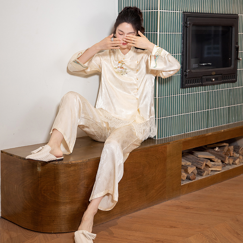 原创新款睡衣女春夏中国风新中式设计刺绣提花两件套带胸垫
