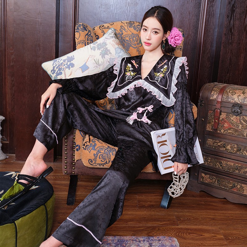 新中式国风胸垫睡衣两件套仿真丝冰丝缎面家居服套装可外穿新