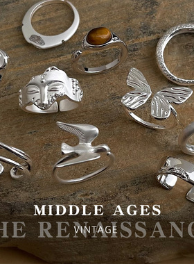 vintage中古风文艺复古银色戒指合集个性小众冷淡风食指戒手饰女