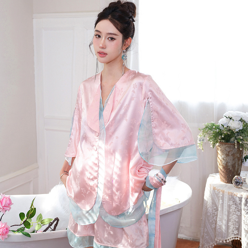 软纱印花撞色仿真丝冰丝睡衣两件套宽松缎面提花家居服可外穿