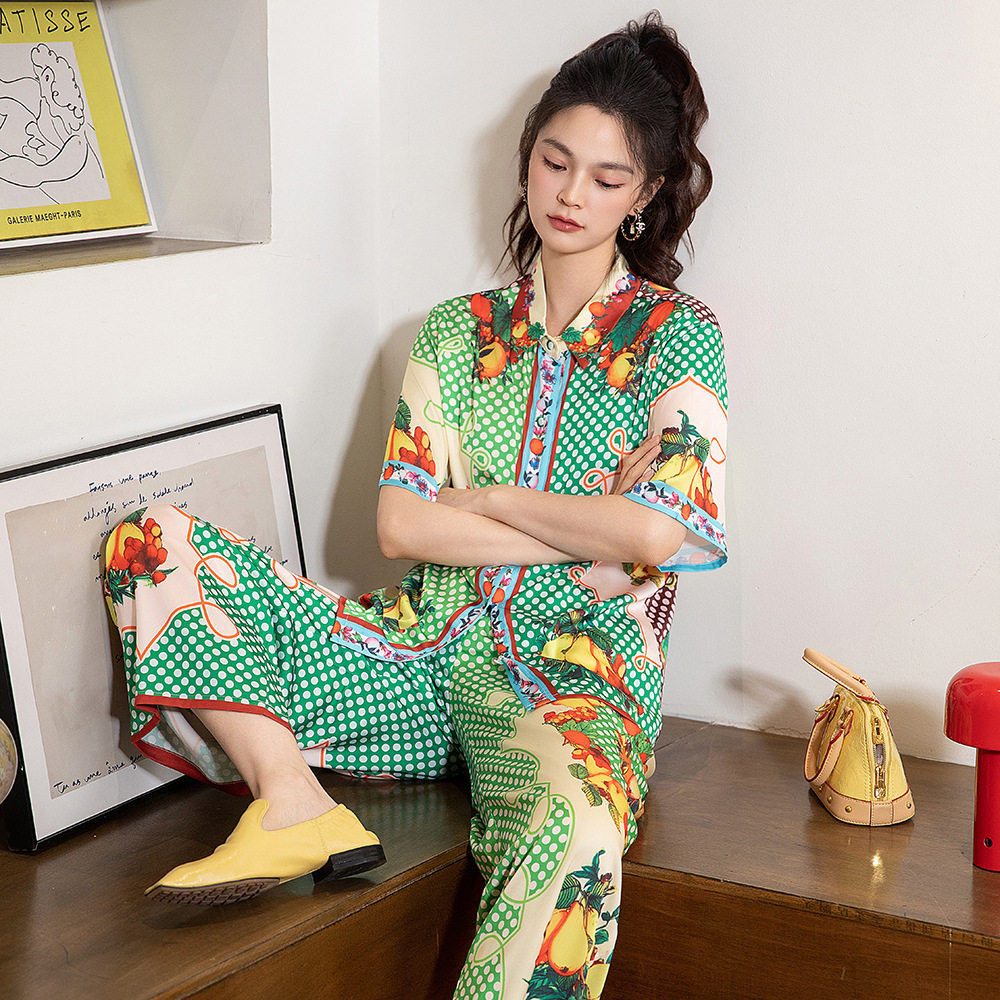 原创欧美时尚新款定位印花衬衫领睡衣女两件套家居服套装可外出
