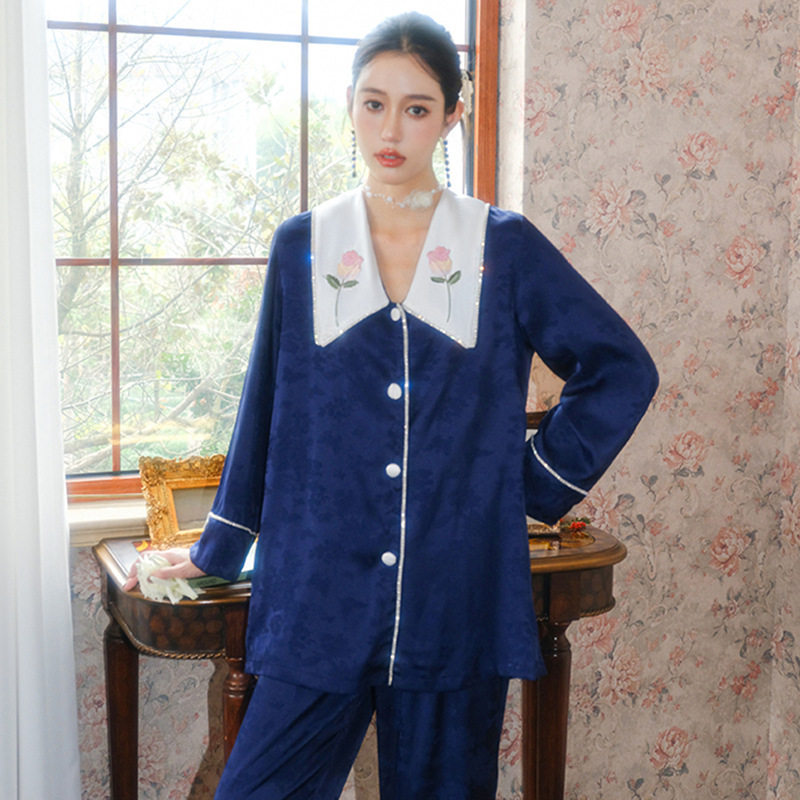 玫瑰刺绣水钻镶边仿真丝冰丝长袖睡衣套装缎面宽松透气春夏