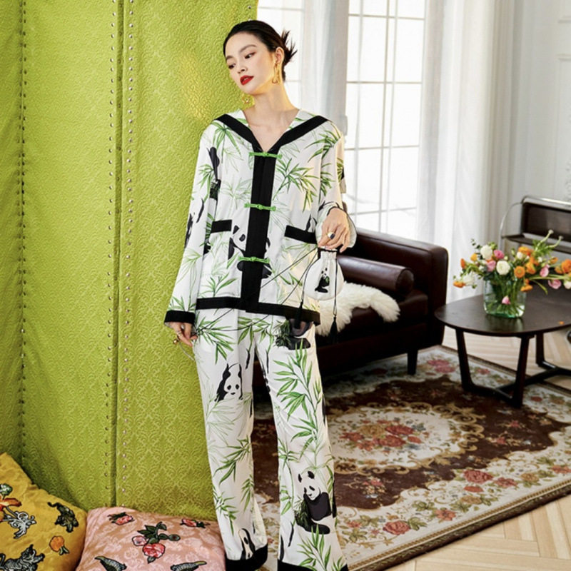 2025春秋款新中式熊猫长袖长裤女式冰丝休闲睡衣家居服套装外穿