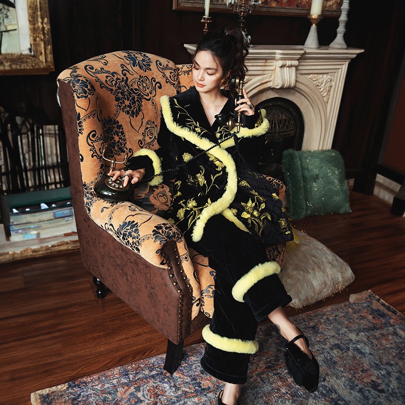 新款中长款重磅满绣黑金加绒加厚宽松睡衣家居服长袖长裤两件