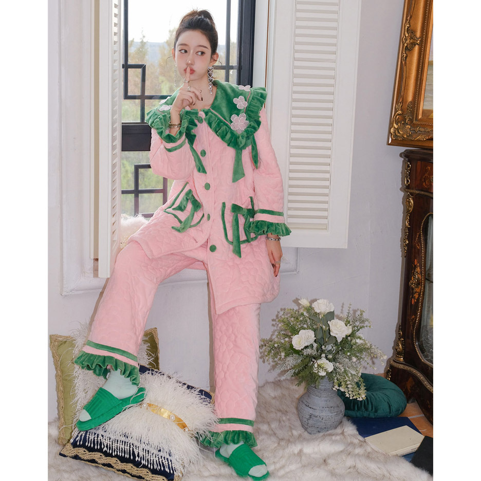 三层夹棉睡衣女款秋冬季2025新款加绒加厚长袖长裤冬天家居服