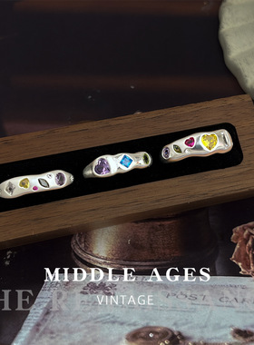 vintage个性彩色锆石爱心戒指小众轻奢高级感开口可调节食指手饰