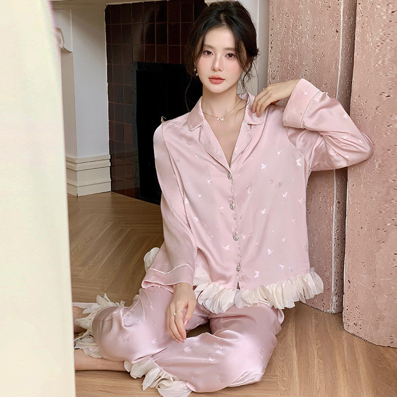 法式新款睡衣秋季冰丝甜美公主风印花长袖长裤套装家居服可外穿