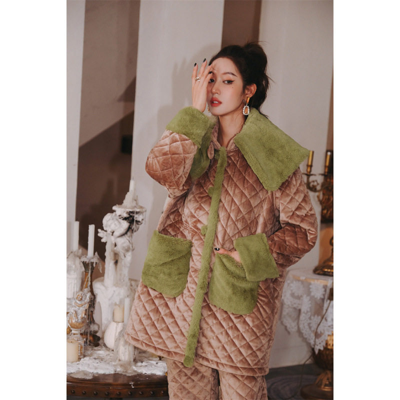 冬季女士三层夹棉金钻绒睡衣保暖显瘦珊瑚绒可外穿加厚加棉翻领