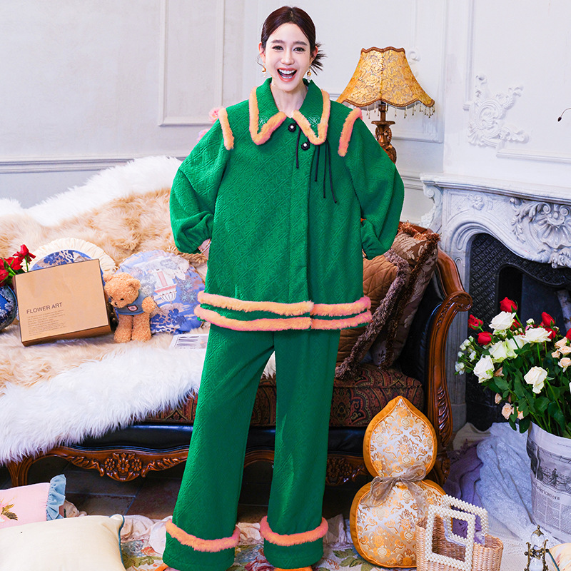 原创新中式家居服高级感玫瑰花毛巾绒法兰绒睡衣女款春秋两件套