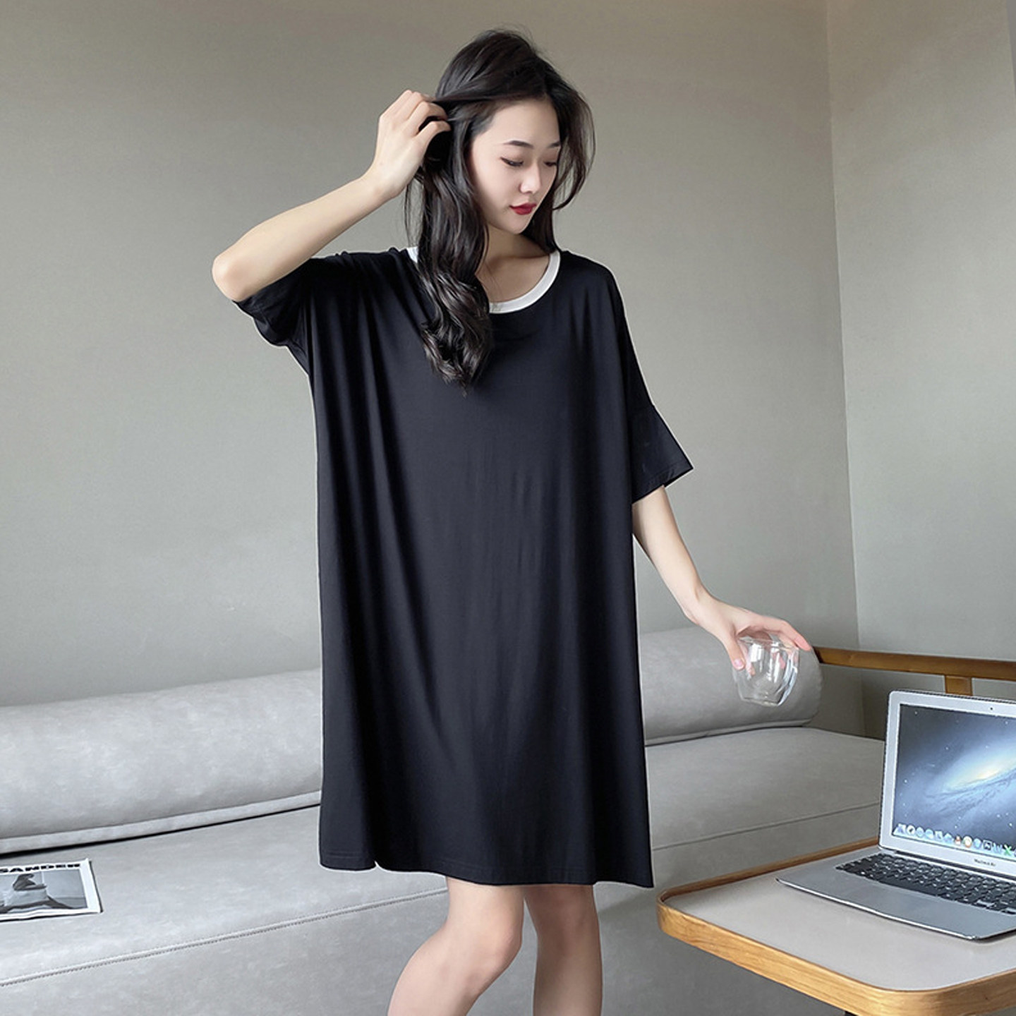 薄款裸感韩版慵懒莫代尔睡裙女夏季短袖睡衣女大码短款家居裙胖MM