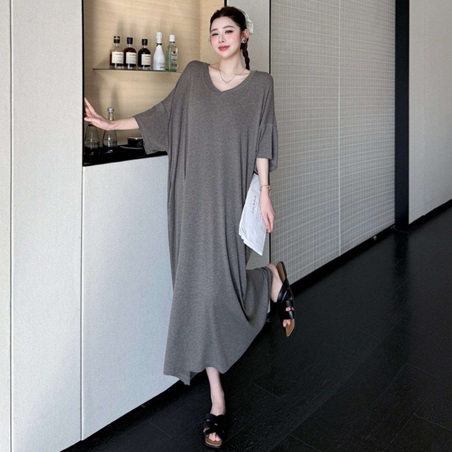 显瘦V领韩版慵懒大码睡衣女夏季长款莫代尔睡裙胖MM外穿短袖长裙