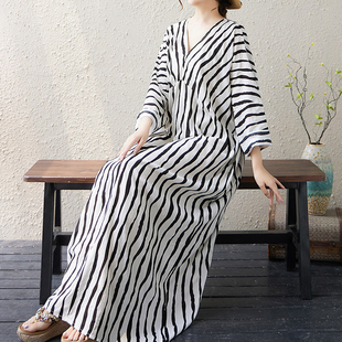 及脚踝棉麻长裙睡衣女个性慵懒大码睡裙加长款胖MM孕妇长袖家居服